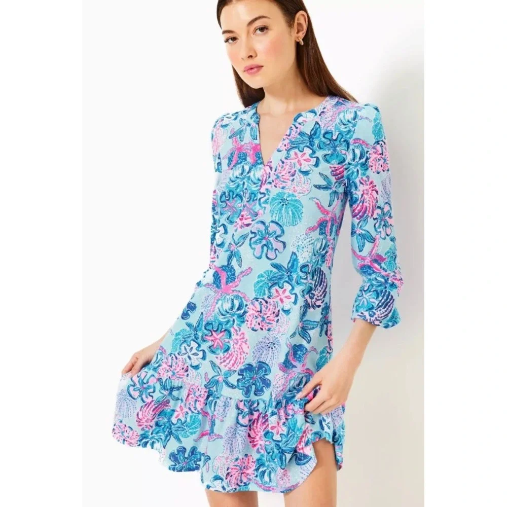Lilly Pulitzer Alyssa Long Sleeve Dress Blue Pink Floral Ruffle Hem Mini XXS - Picture 2 of 7